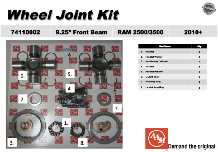 AAM - American Axle Manufacturing (AAM) 1555 Series Front Axle U-Joint Kit, 2010+ Ram 2500/3500 9.25" Front